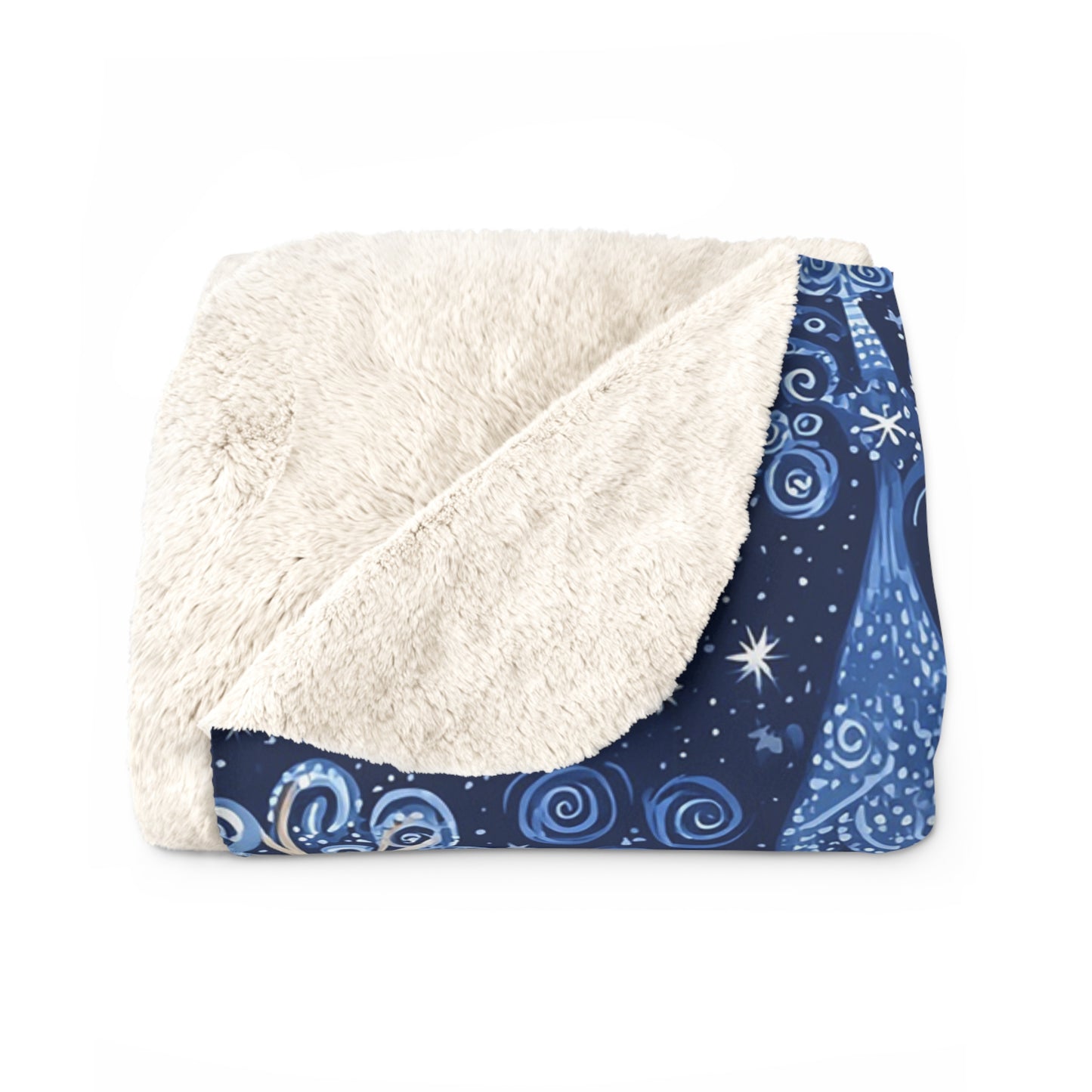 Sherpa Fleece Blanket - Dreamy Blue Starry Night Midnight Trees Design