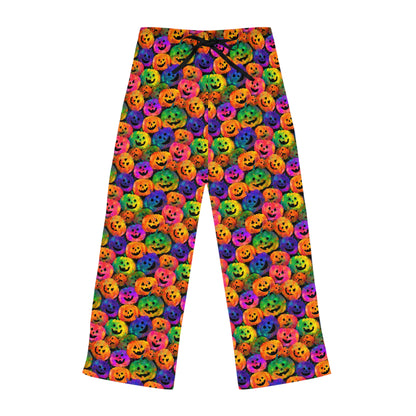 Rainbow Colors Halloween Pumpkin Pattern Women's Pajama Pants, Spooky Season Loungewear