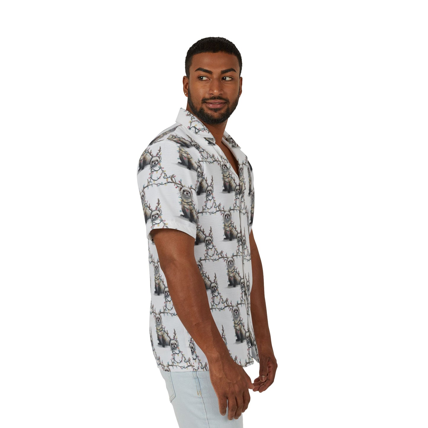 Men's Hawaiian Camp Shirt - Otter Xmas Lights Pattern
