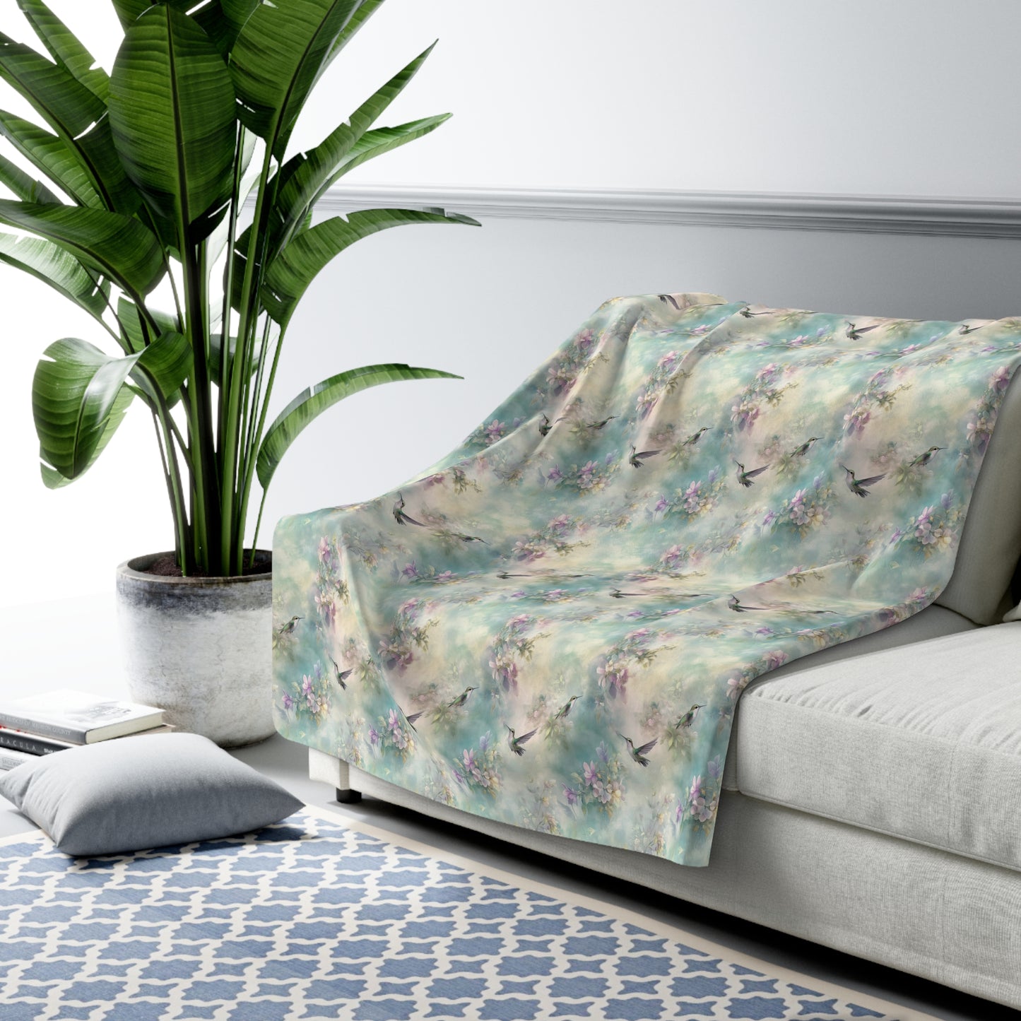 Sherpa Fleece Blanket - Soft Turquoise Hummingbirds