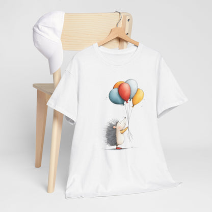 Adorable Hedgehog Balloon Tee, Cute Animal T-Shirt, Unisex Casual Wear, Birthday Gift, Fun Graphic Top