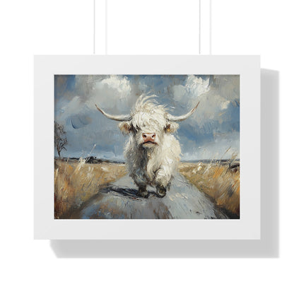 Poster - Cute White Highland Cow Running Down Road Escapee