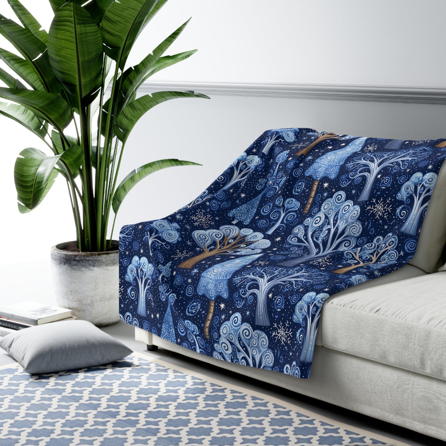 Sherpa Fleece Blanket - Dreamy Blue Starry Night Midnight Trees Design