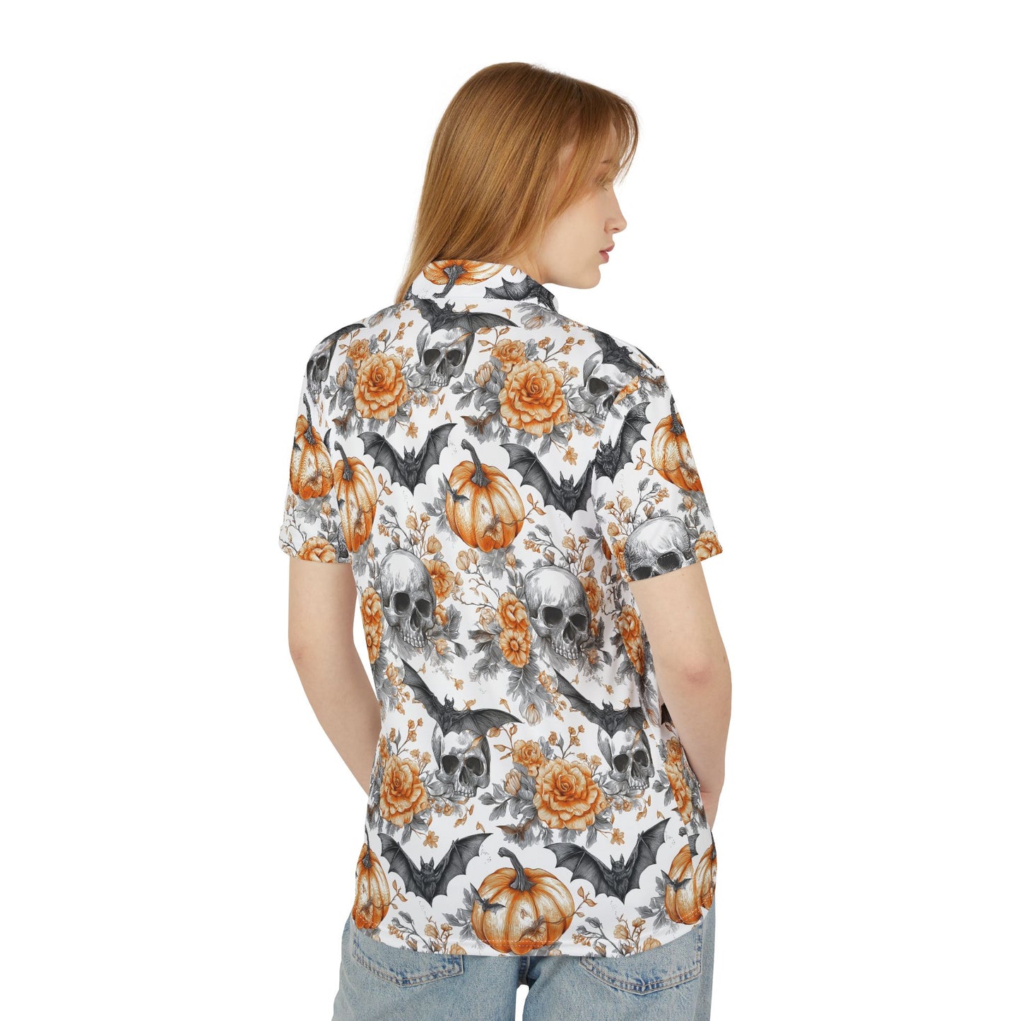 Halloween Skull & Pumpkin Polo Shirt, Fall Apparel, Unisex Halloween Shirt, Spooky Fashion, Autumn Style, Gothic Clothing