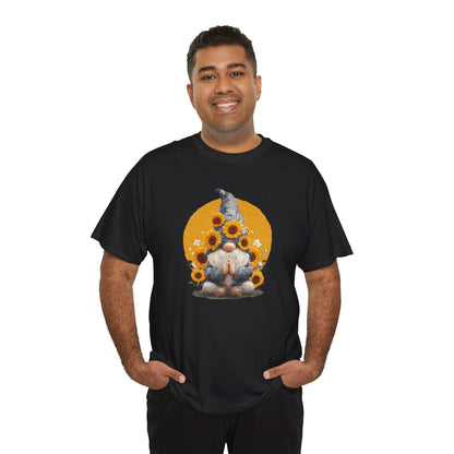 Sunflower and Yoga Gnome Unisex Heavy Cotton Tee - Boho Style, Eco-Friendly Apparel, Casual Wear, Unique Art Tee