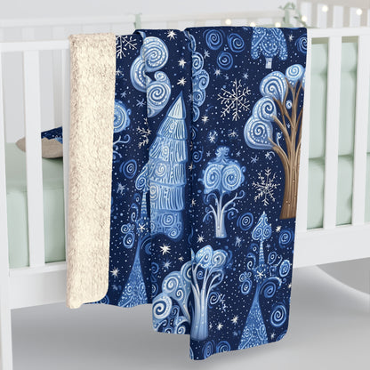 Sherpa Fleece Blanket - Dreamy Blue Starry Night Midnight Trees Design