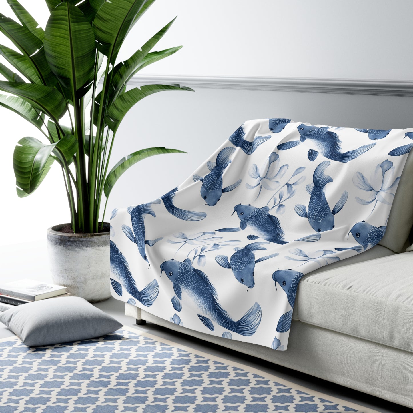 Sherpa Fleece Blanket - Quaint Blue Koi Pattern