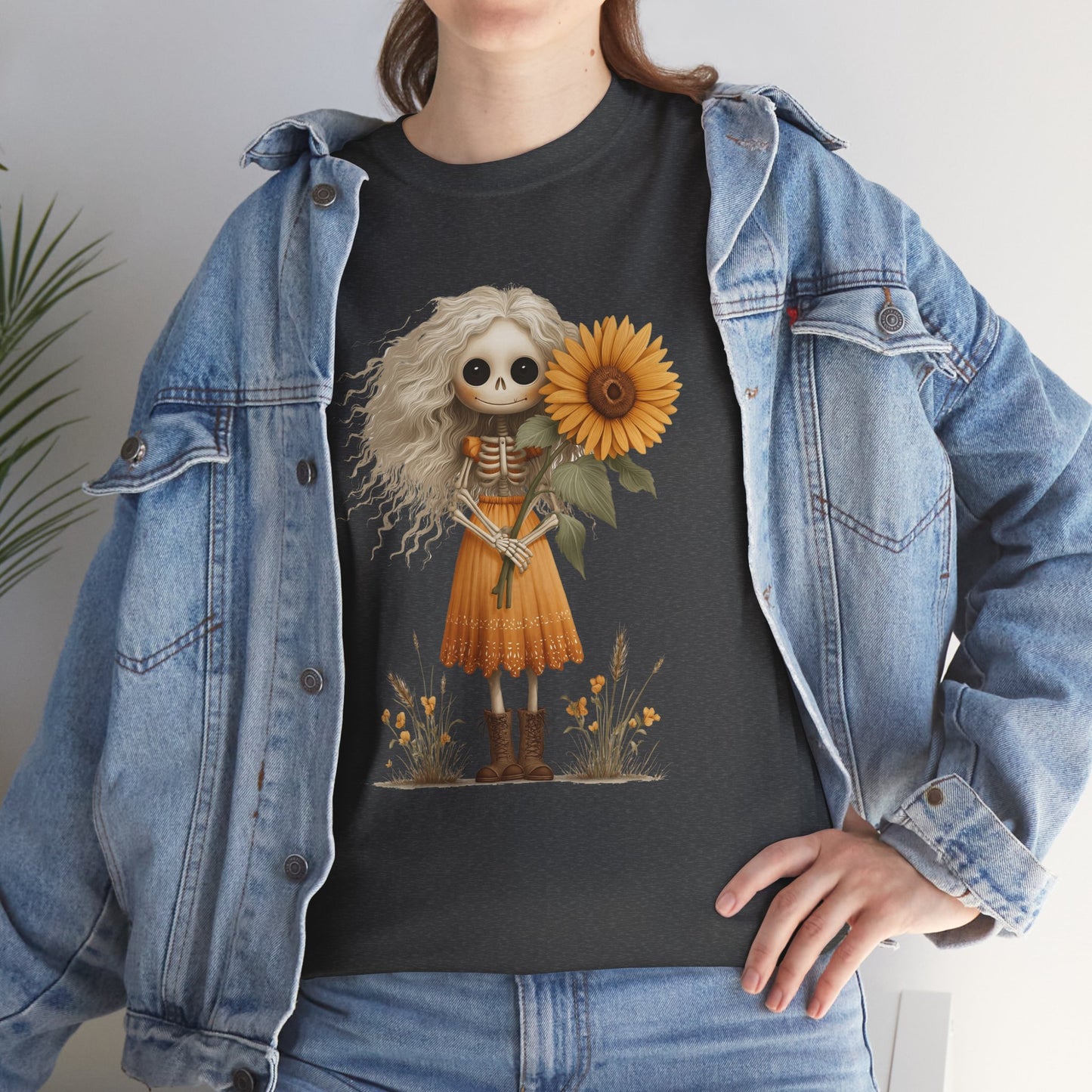 Sunflower Gothic Girl Unisex Cotton Tee, Boho T-Shirt, Gift for Autumn, Casual Wear, Harvest Festival Top, Halloween Shirt