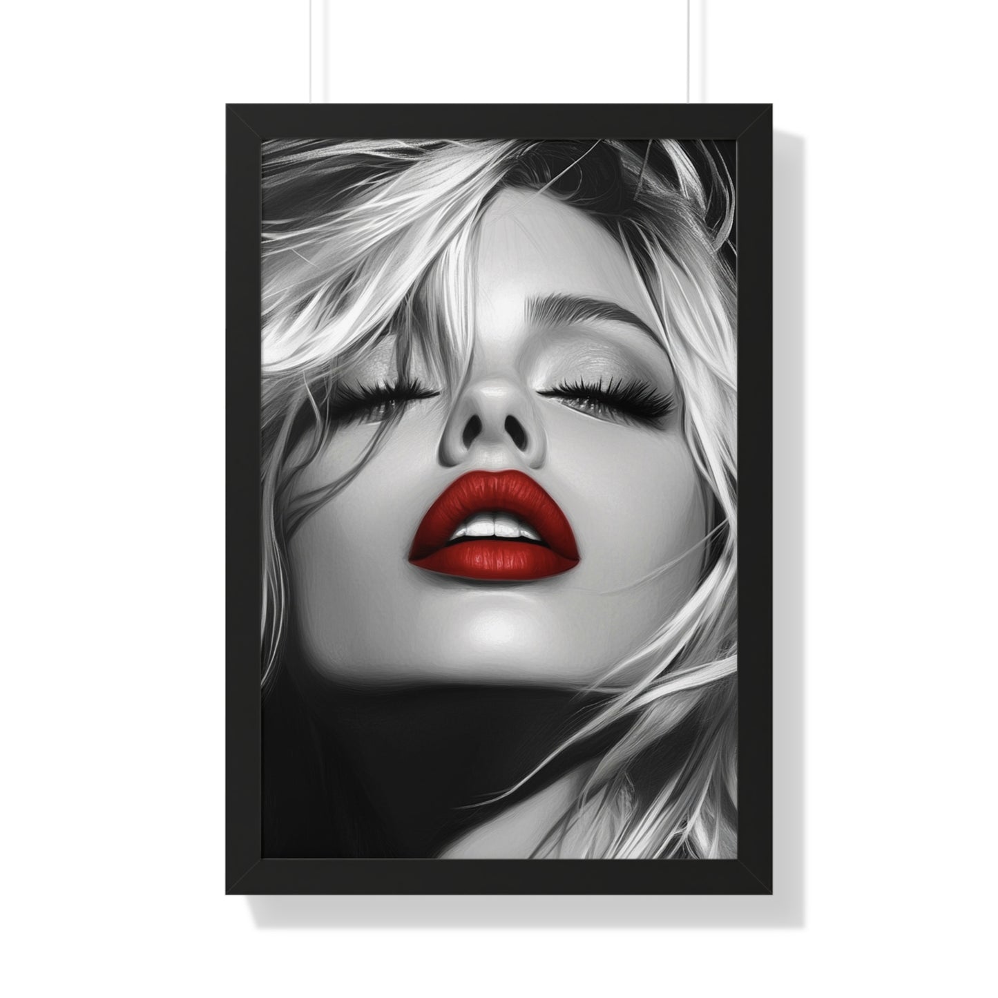 Chic Framed Vertical Poster with Bold Red Lips, Art Print for Glam Decor, Fashion Wall Art, Bedroom Decoration, Elegant Gift Idea