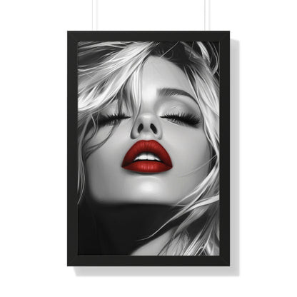 Chic Framed Vertical Poster with Bold Red Lips, Art Print for Glam Decor, Fashion Wall Art, Bedroom Decoration, Elegant Gift Idea