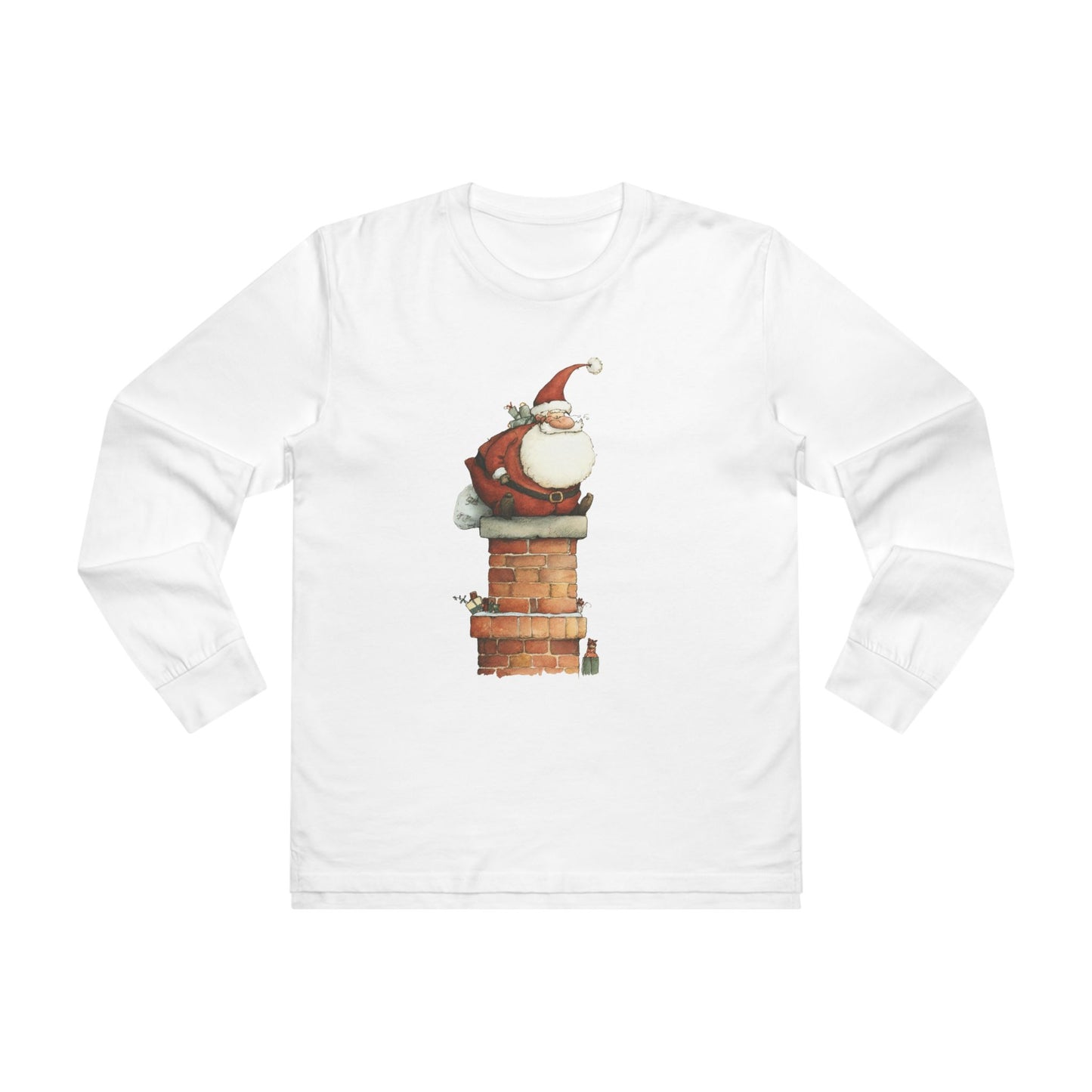 Festive Men’s Base Longsleeve Tee, Christmas Shirt, Santa in Chimney Design