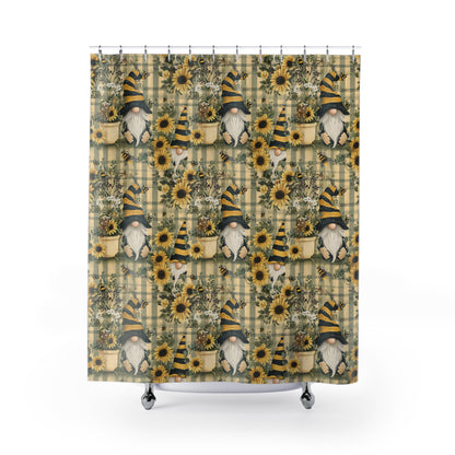 Whimsical Gnome & Sunflower Shower Curtain, Rustic Bathroom Decor, Farmhouse Style, Gift for Nature Lovers, Seasonal Home Accent