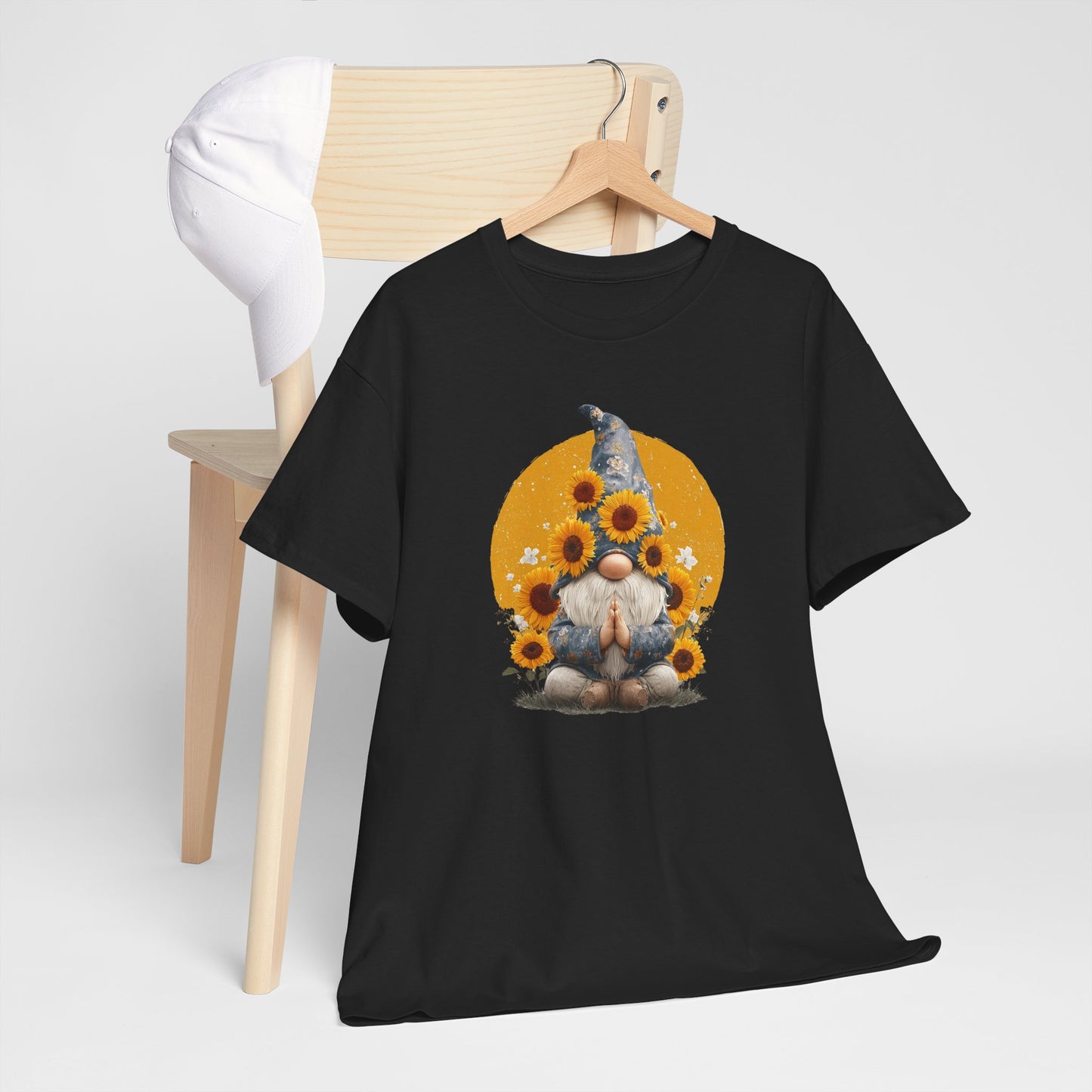Sunflower and Yoga Gnome Unisex Heavy Cotton Tee - Boho Style, Eco-Friendly Apparel, Casual Wear, Unique Art Tee