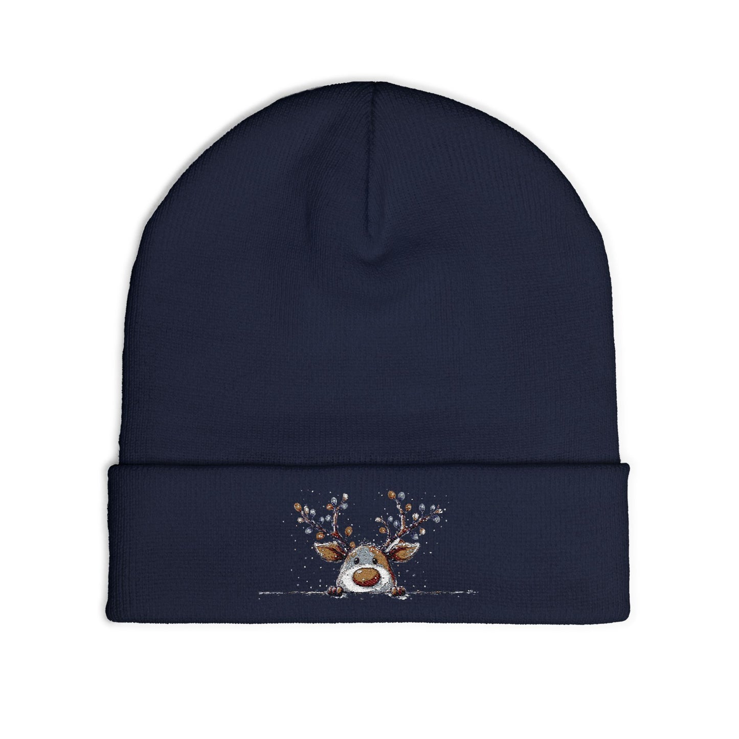 Beanie Hat - Peeking Rudolf with Christmas Lights Embroidered
