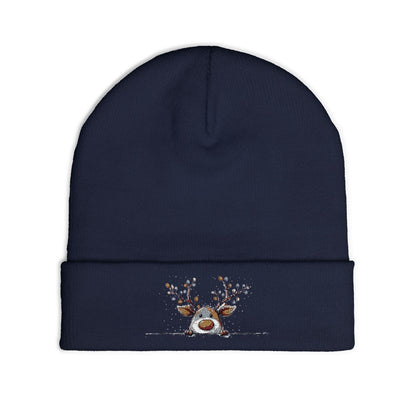 Beanie Hat - Peeking Rudolf with Christmas Lights Embroidered