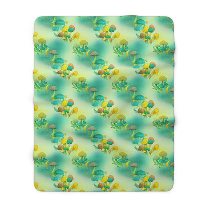 Sherpa Fleece Blanket - Electric Green Mushroom Pattern