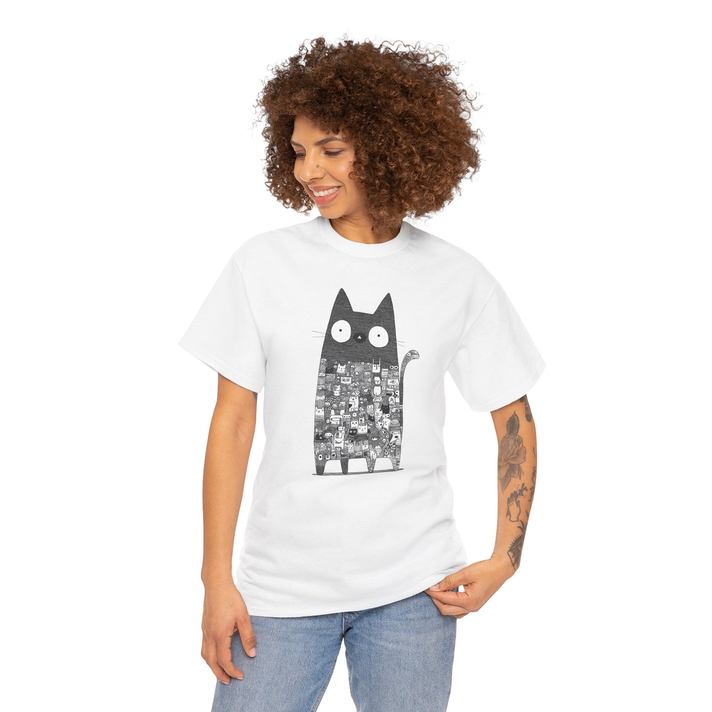Line Art Abstract Cat Graphic Tee, Unisex Heavy Cotton Tee, Cute Cat Shirt, Unique Gift for Cat Lovers