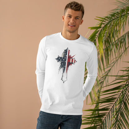 Patriotic Long Sleeve Tee with Distressed Flag Cross, USA Pride Shirt, Casual Wear, Gift for Veterans, Memorial Day, Independence Day
