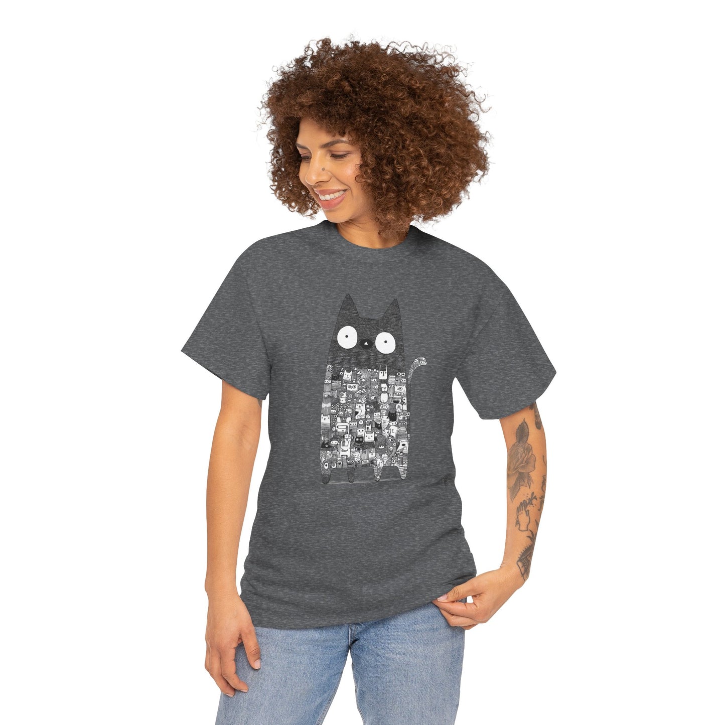 Line Art Abstract Cat Graphic Tee, Unisex Heavy Cotton Tee, Cute Cat Shirt, Unique Gift for Cat Lovers