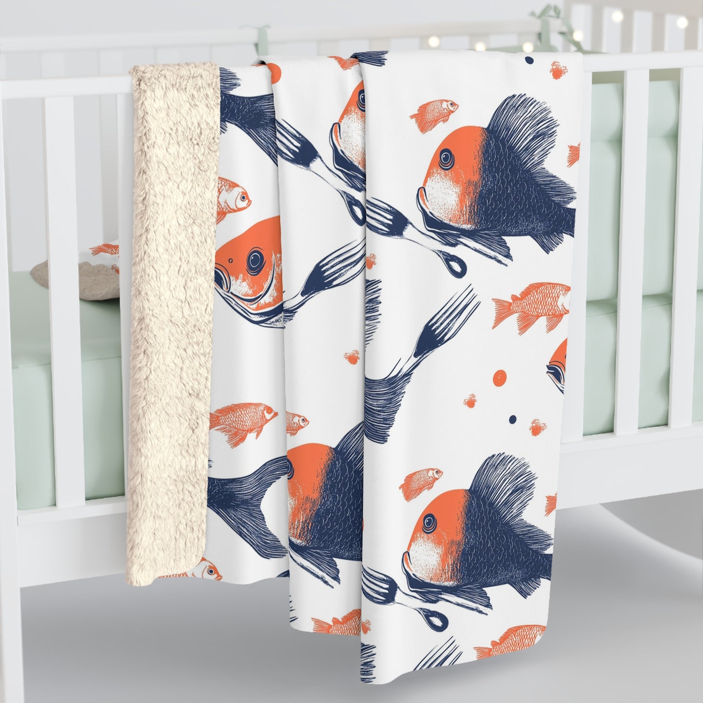 Cozy Fish Pattern Sherpa Fleece Blanket, Warm Throw Blanket, Home Decor, Gift for Fish Lovers, Snuggle Blanket, Nursery Blanket