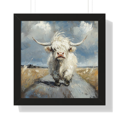 Poster - Cute White Highland Cow Running Down Road Escapee