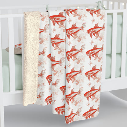Cozy Orange Fish Sherpa Fleece Blanket with Goldfish Pattern | Gift for Aquatic Lovers