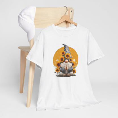 Sunflower and Yoga Gnome Unisex Heavy Cotton Tee - Boho Style, Eco-Friendly Apparel, Casual Wear, Unique Art Tee