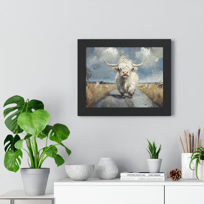 Poster - Cute White Highland Cow Running Down Road Escapee