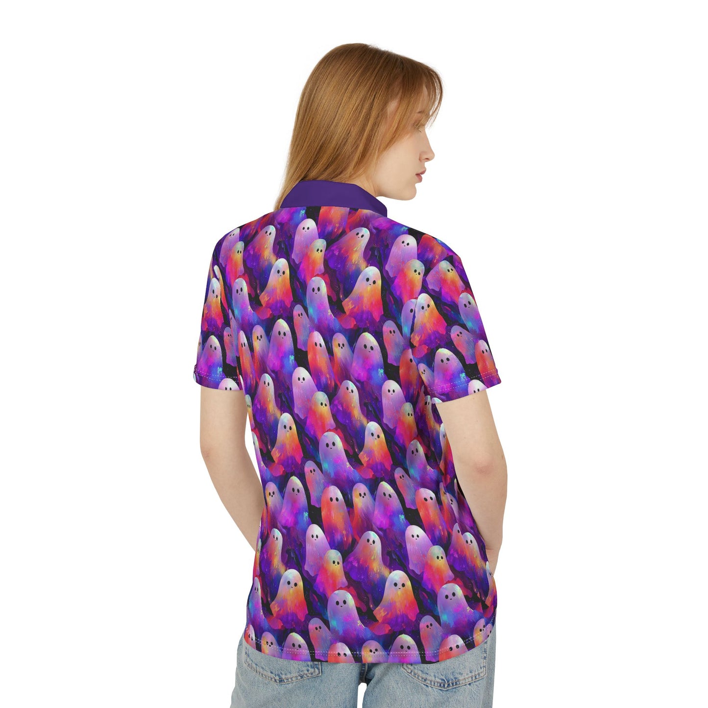 Vibrant Ghosts Unisex Polo Shirt, Colorful Summer Tee, Trendy Casual Wear, Unique Gifts, Halloween Style, Fun Outdoor Shirt