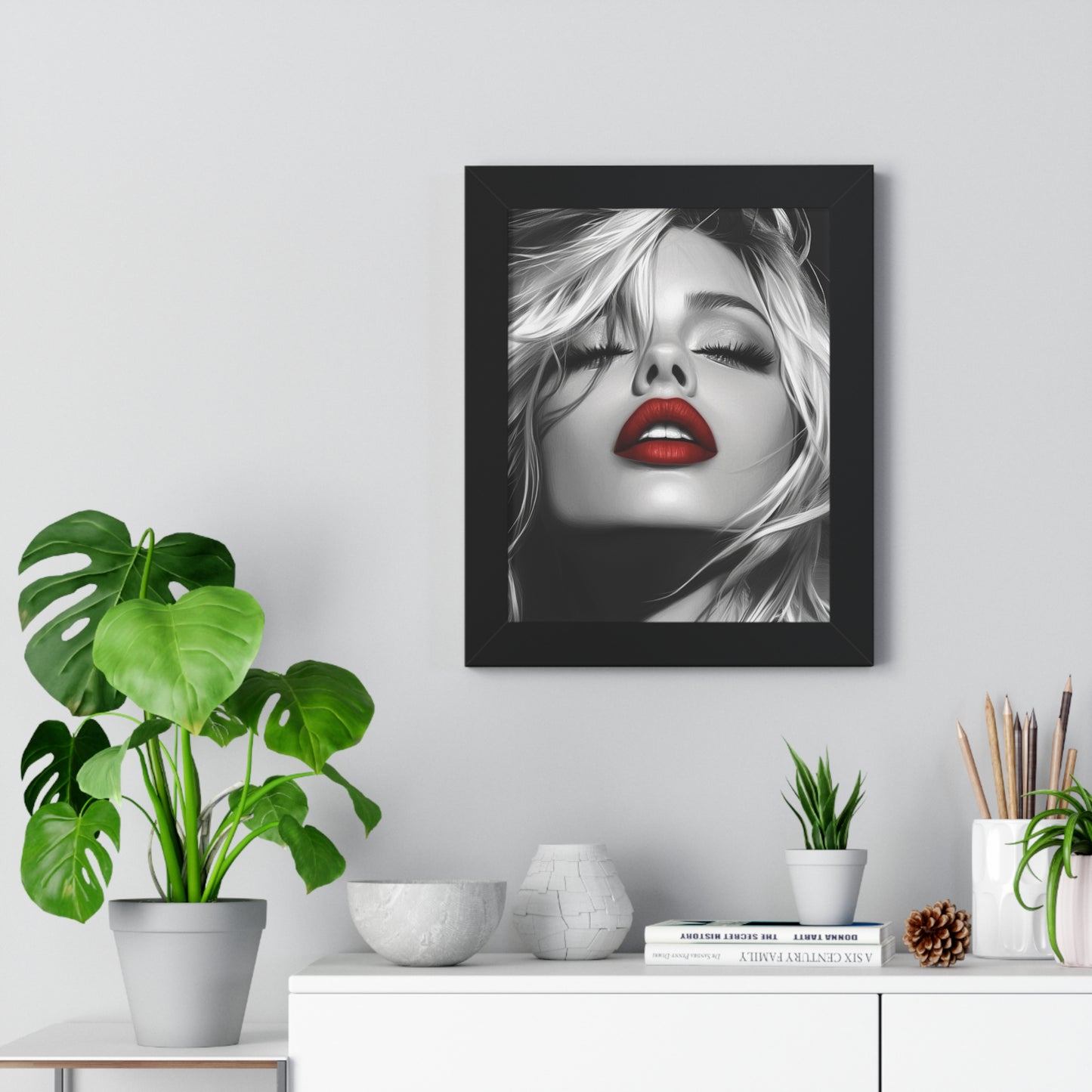 Chic Framed Vertical Poster with Bold Red Lips, Art Print for Glam Decor, Fashion Wall Art, Bedroom Decoration, Elegant Gift Idea