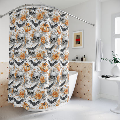 Spooky Floral Shower Curtain with Skulls and Pumpkins, Halloween Decor, Bathroom Accessory, Gift for Halloween Lovers