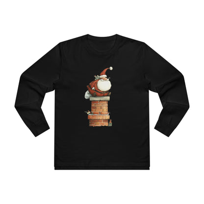 Festive Men’s Base Longsleeve Tee, Christmas Shirt, Santa in Chimney Design