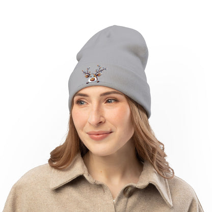 Beanie Hat - Peeking Rudolf with Christmas Lights Embroidered