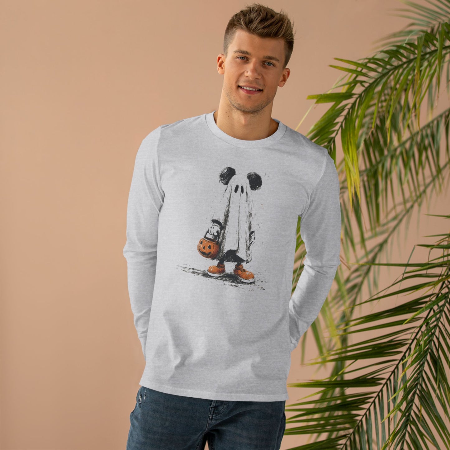 Ghostly Mickey Men’s Long Sleeve Tee - Halloween, Casual Wear, Holiday Gift, Fashion Layering, Fun Apparel