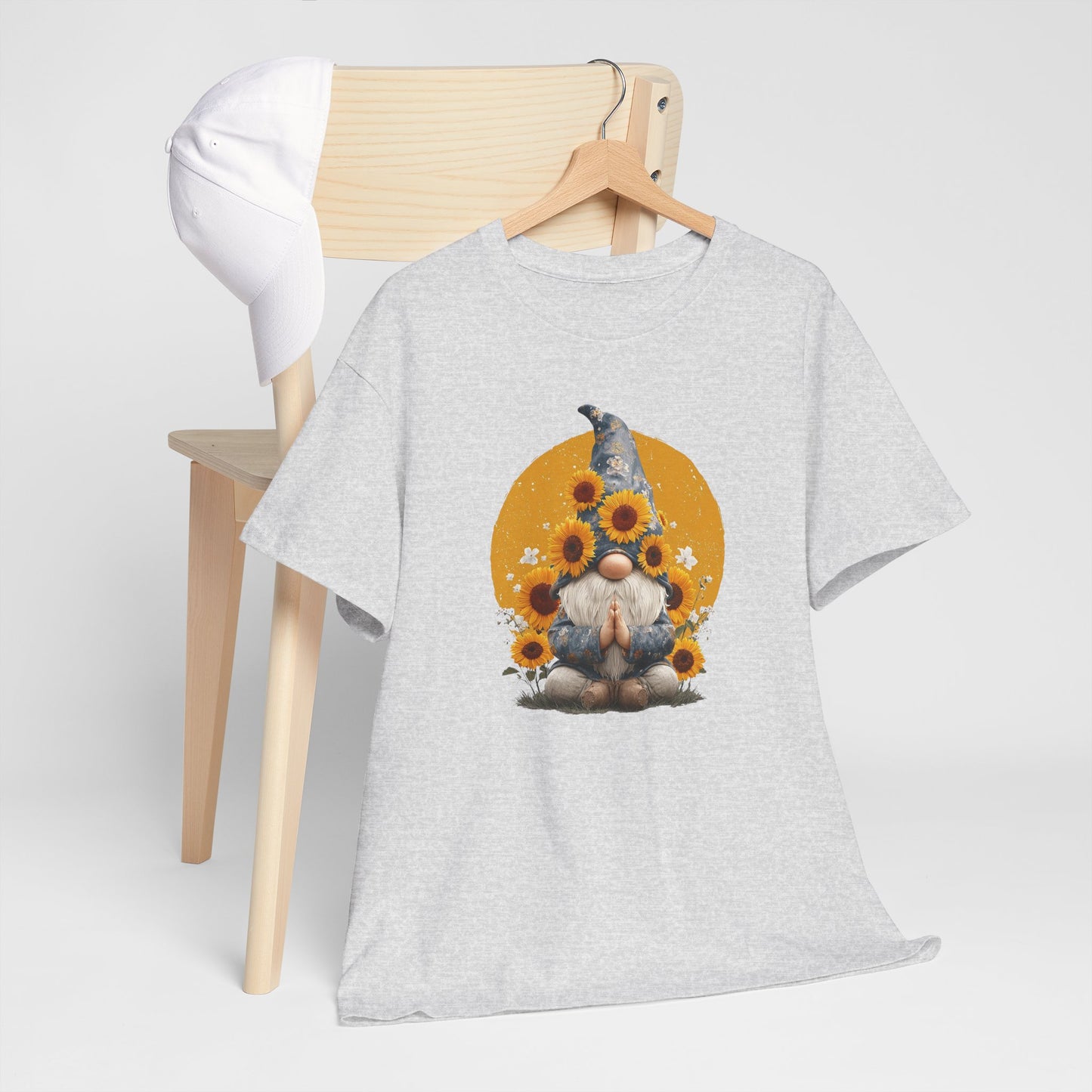Sunflower and Yoga Gnome Unisex Heavy Cotton Tee - Boho Style, Eco-Friendly Apparel, Casual Wear, Unique Art Tee