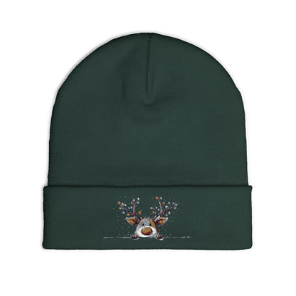 Beanie Hat - Peeking Rudolf with Christmas Lights Embroidered