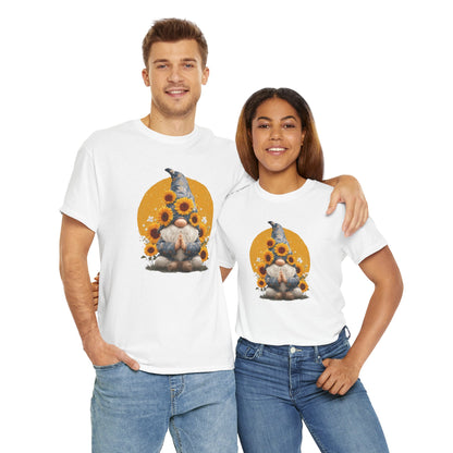Sunflower and Yoga Gnome Unisex Heavy Cotton Tee - Boho Style, Eco-Friendly Apparel, Casual Wear, Unique Art Tee