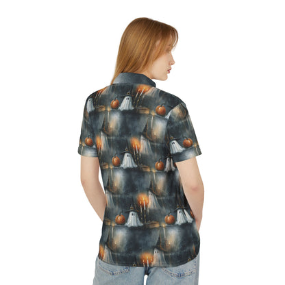 Spooky Halloween Polo Shirt, Ghost Pattern Tee, Unisex AOP Shirt, Festive Autumn Apparel, Unique Holiday Gift