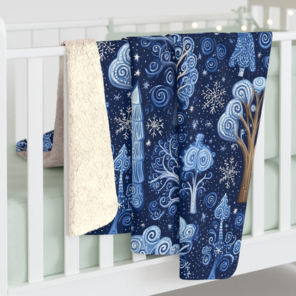 Sherpa Fleece Blanket - Dreamy Blue Starry Night Midnight Trees Design