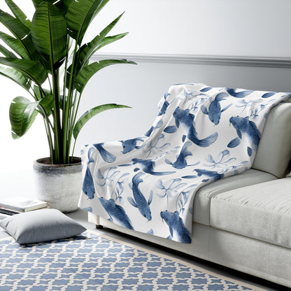 Sherpa Fleece Blanket - Quaint Blue Koi Pattern