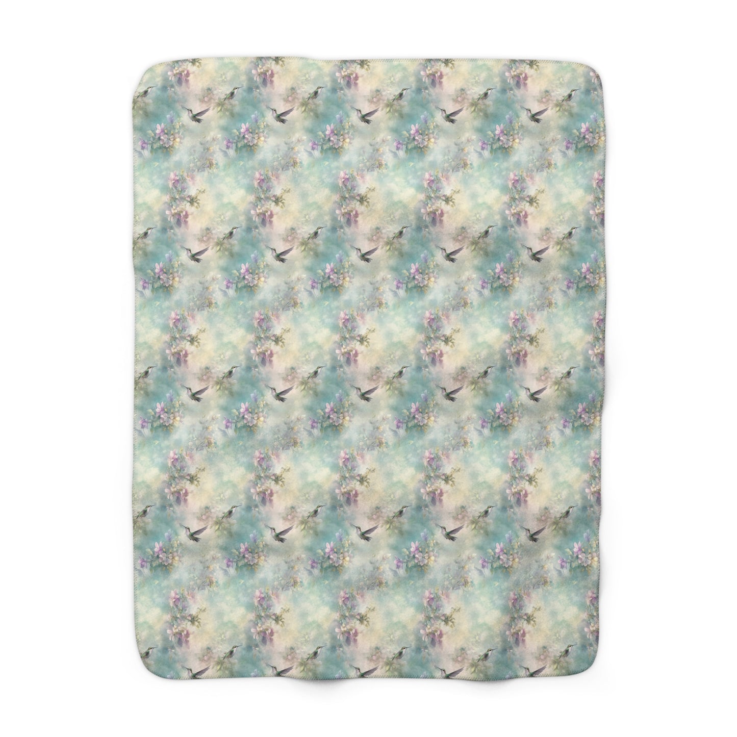Sherpa Fleece Blanket - Soft Turquoise Hummingbirds