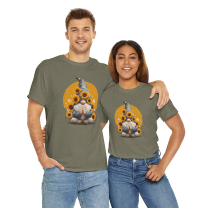 Sunflower and Yoga Gnome Unisex Heavy Cotton Tee - Boho Style, Eco-Friendly Apparel, Casual Wear, Unique Art Tee