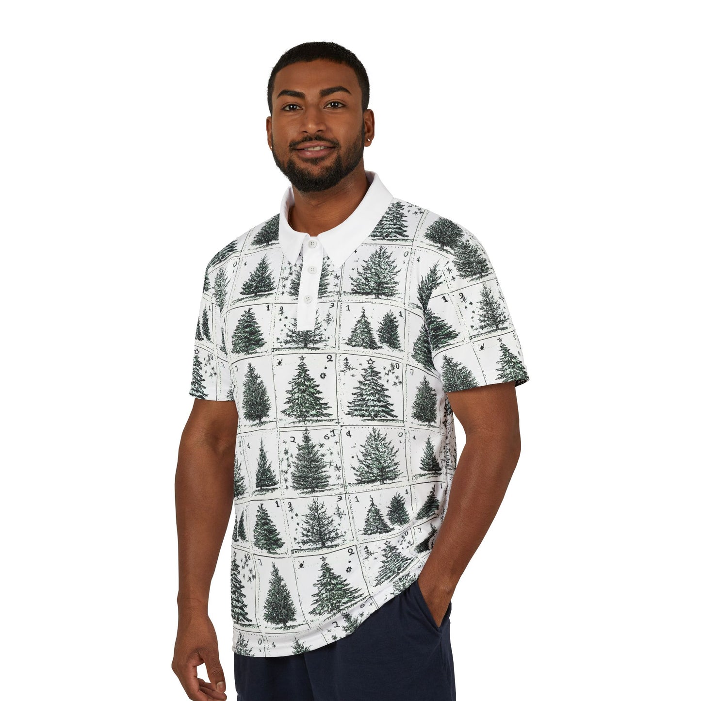 Festive Pine Trees Polo Shirt - Holiday Attire, Casual Wear, Unisex Gift, Christmas, Summer Style, Nature Lover's Apparel