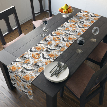 Halloween Themed Table Runner, Spooky Decor for Fall, Gothic Home Accents, Pumpkin and Skull Design, Perfect for Parties