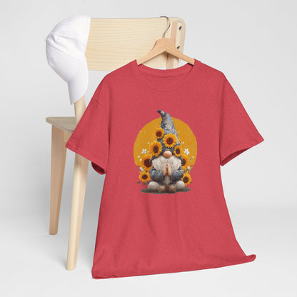 Sunflower and Yoga Gnome Unisex Heavy Cotton Tee - Boho Style, Eco-Friendly Apparel, Casual Wear, Unique Art Tee
