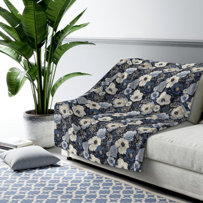 Dark Blues Floral Sherpa Fleece Blanket - Ideal Gift for Weddings, Birthdays, Housewarming