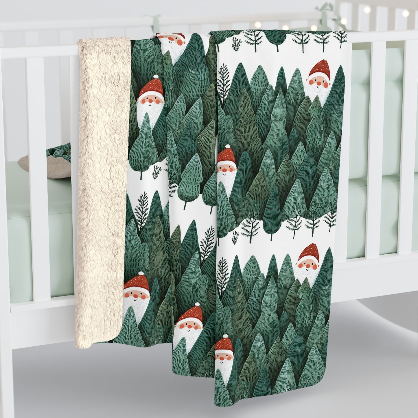Cozy Sherpa Fleece Blanket with Peeking Santa Forest Design, Soft Throw Blanket, Winter Decor, Camping Blanket, Holiday Gift