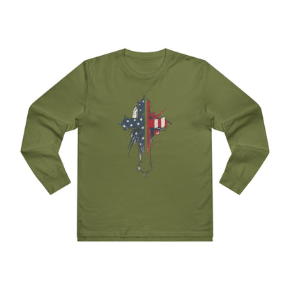 Patriotic Long Sleeve Tee with Distressed Flag Cross, USA Pride Shirt, Casual Wear, Gift for Veterans, Memorial Day, Independence Day