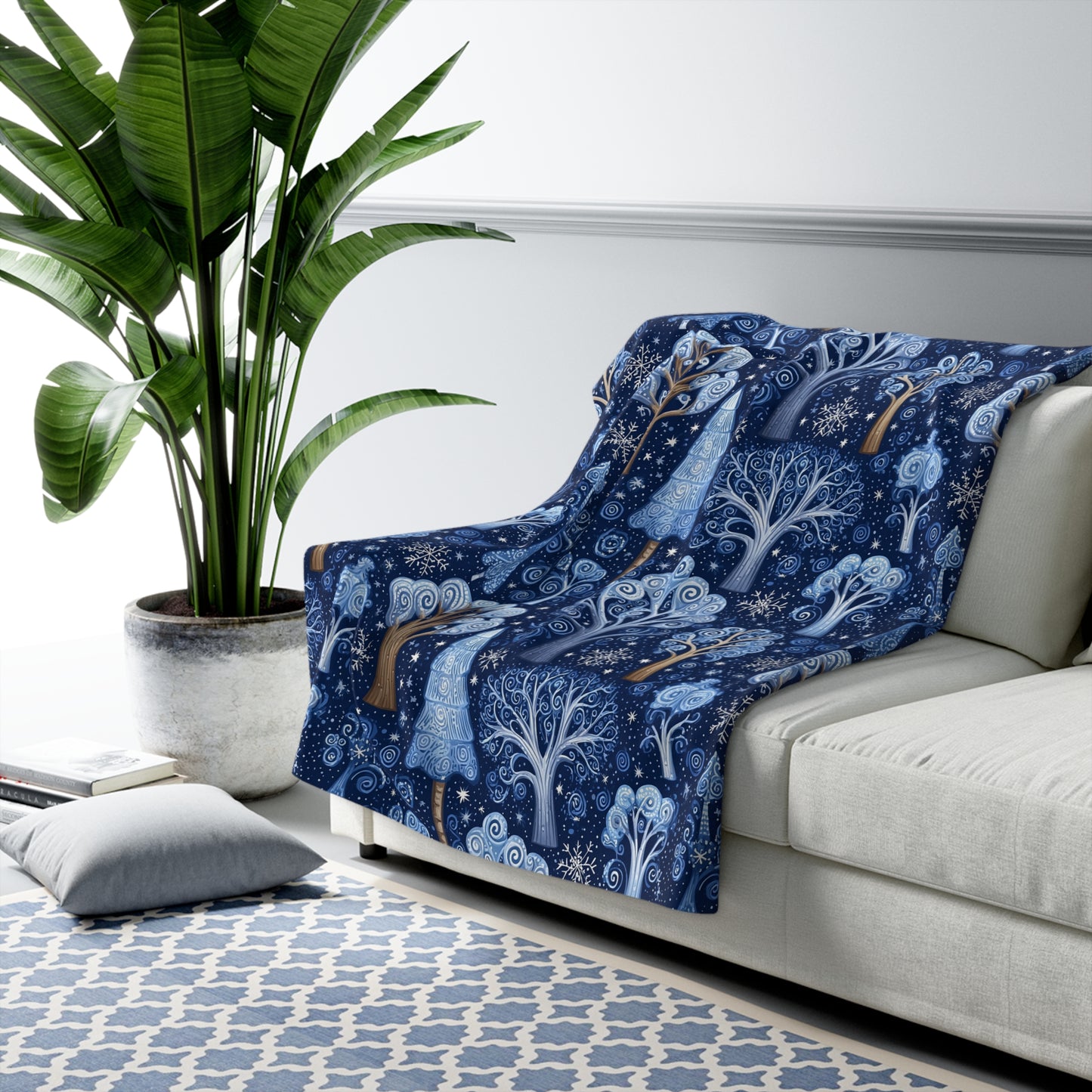 Sherpa Fleece Blanket - Dreamy Blue Starry Night Midnight Trees Design