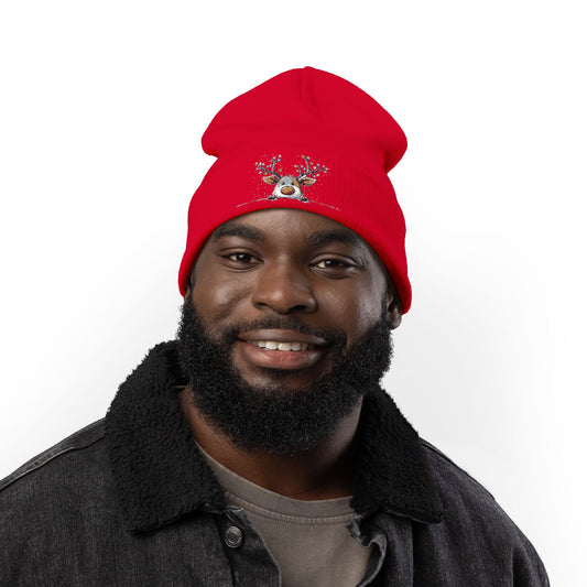 Beanie Hat - Peeking Rudolf with Christmas Lights Embroidered